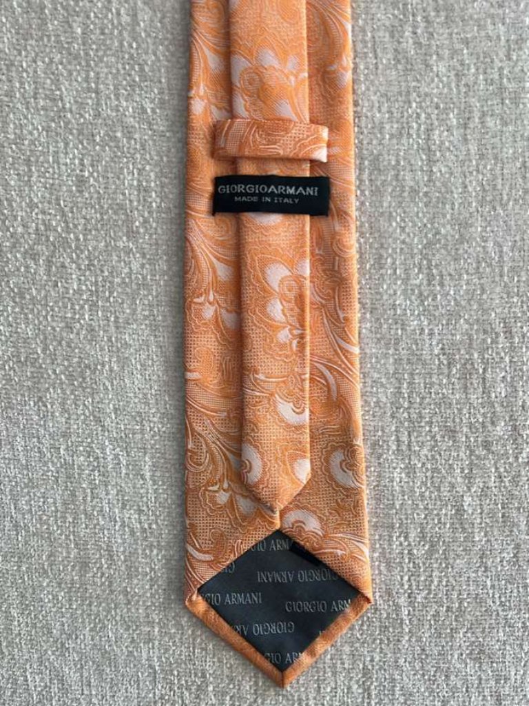 Giorgio Armani Peach Orange Paisley 100% Silk Tie Hand Made Italy 60" Long
